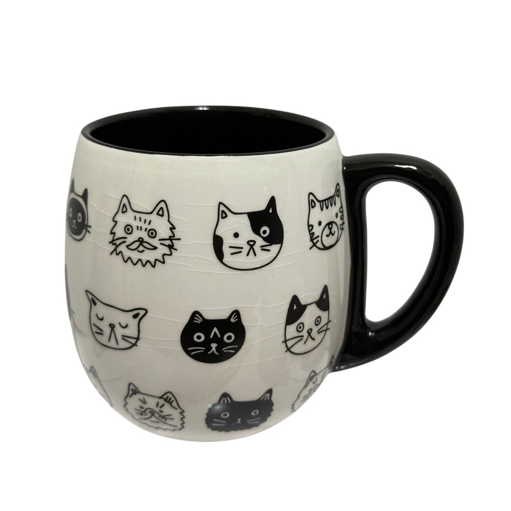 Cute Black White Cat Faces Coffee Mug Dolomite Cat Lover Tea Cup 3.75"